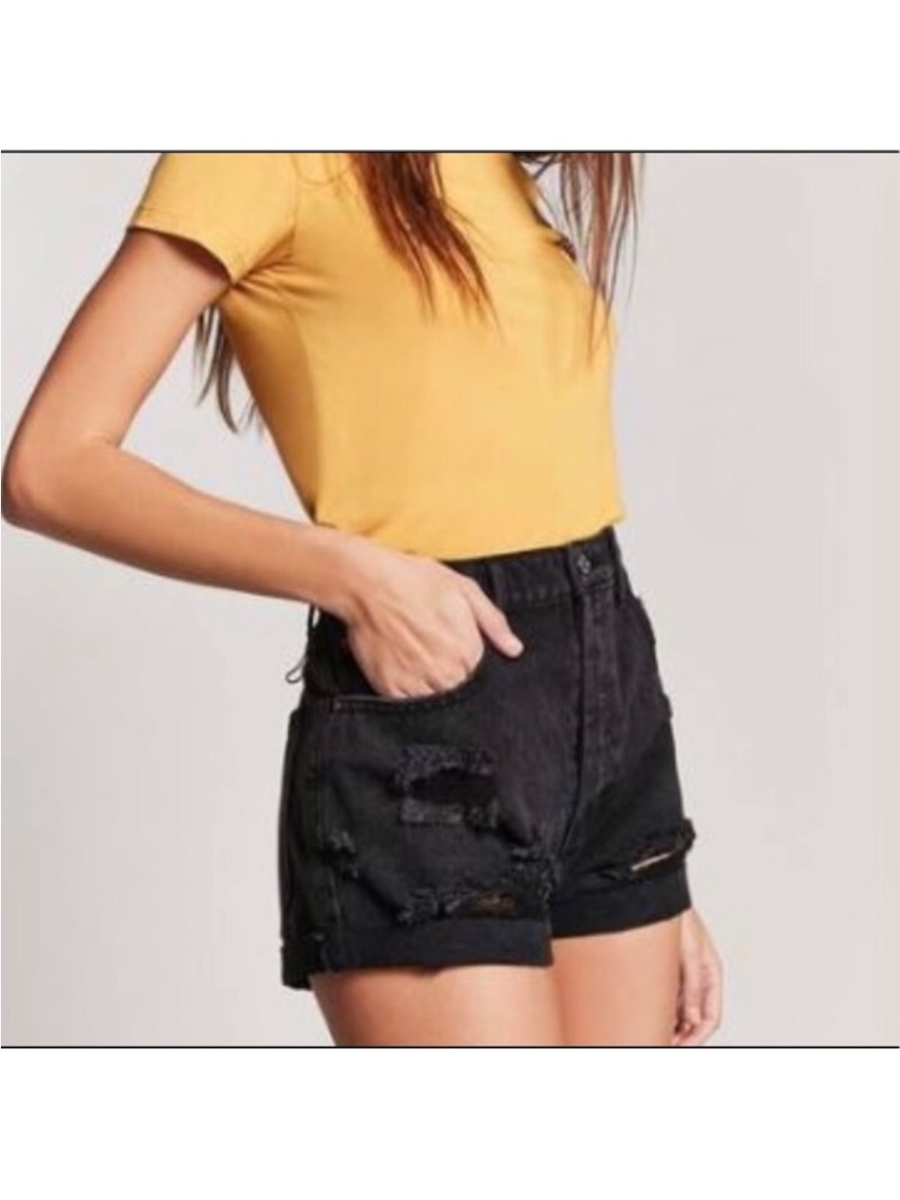 Forever 21 Black Cuffed Distressed Denim Shorts